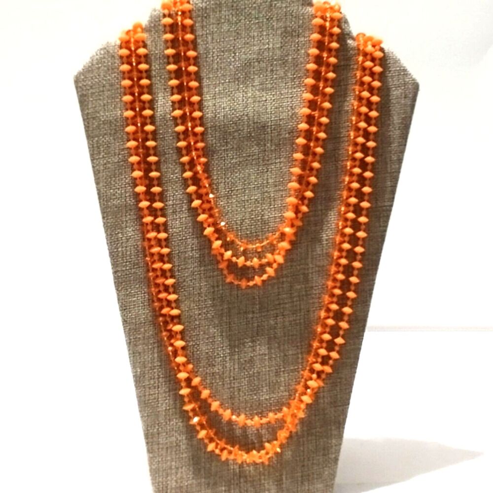 Mid Century Orange Fused Bead Multi Strand Long Necklace